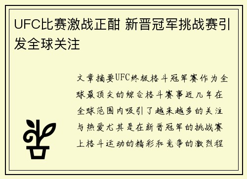 UFC比赛激战正酣 新晋冠军挑战赛引发全球关注