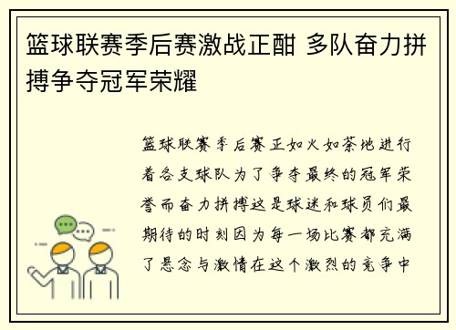 篮球联赛季后赛激战正酣 多队奋力拼搏争夺冠军荣耀