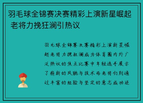 羽毛球全锦赛决赛精彩上演新星崛起 老将力挽狂澜引热议