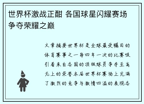 世界杯激战正酣 各国球星闪耀赛场 争夺荣耀之巅