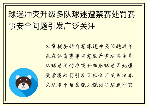 球迷冲突升级多队球迷遭禁赛处罚赛事安全问题引发广泛关注